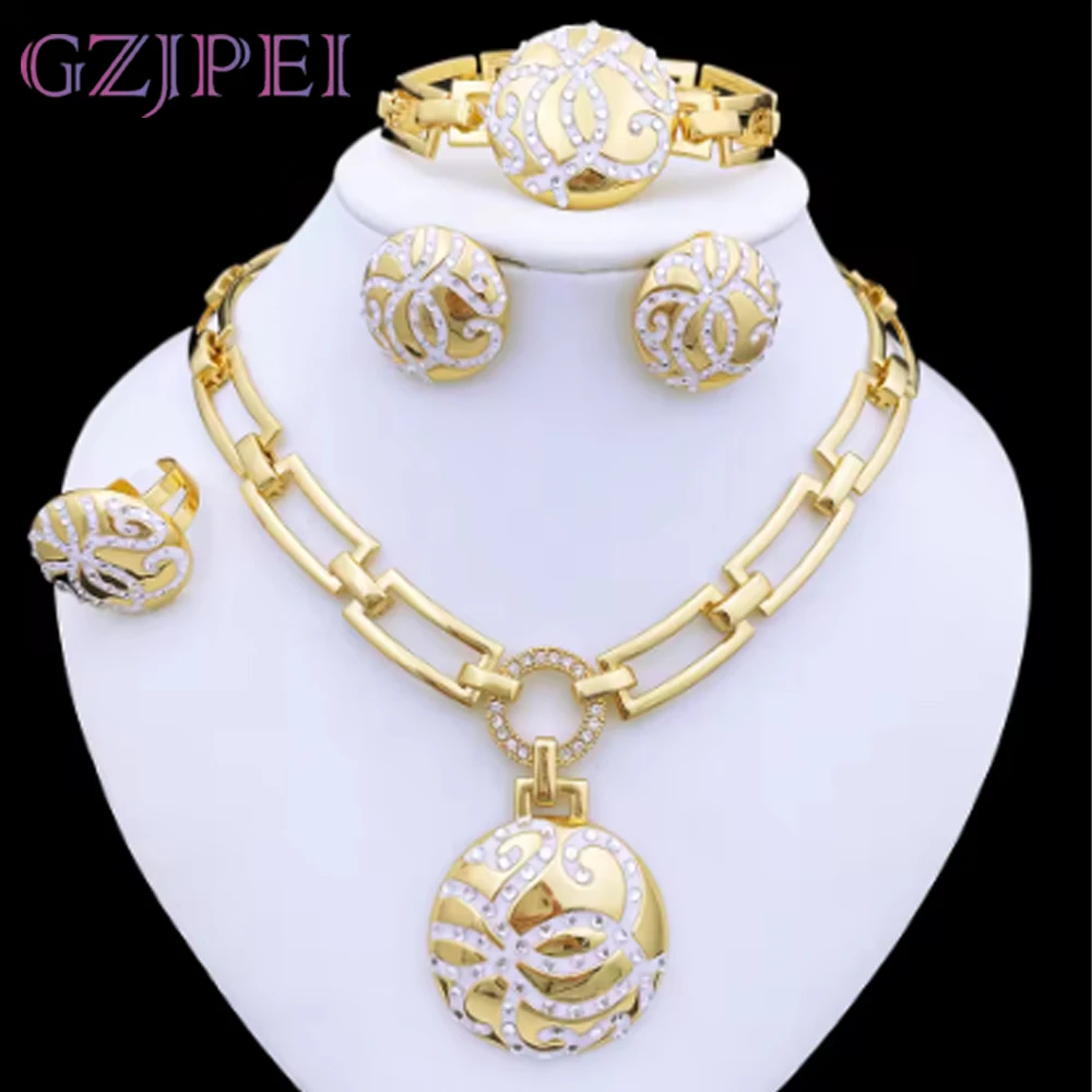 Classic Design Women Necklace Earrings Ring Bracelet Pendant Jewelry Set 18K Gold Plated Wedding Party High Quality Jewelry