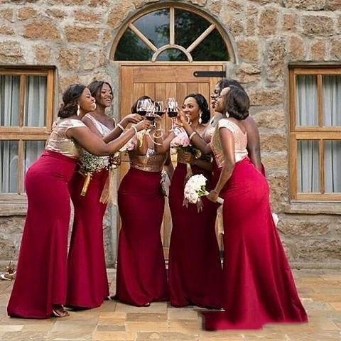 

Cheap Red Bridesmaid Dresses Shiny Top Sequins Scoop Neck vestidos Cap Sleeves Mermaid Prom Party Gowns For Wedding