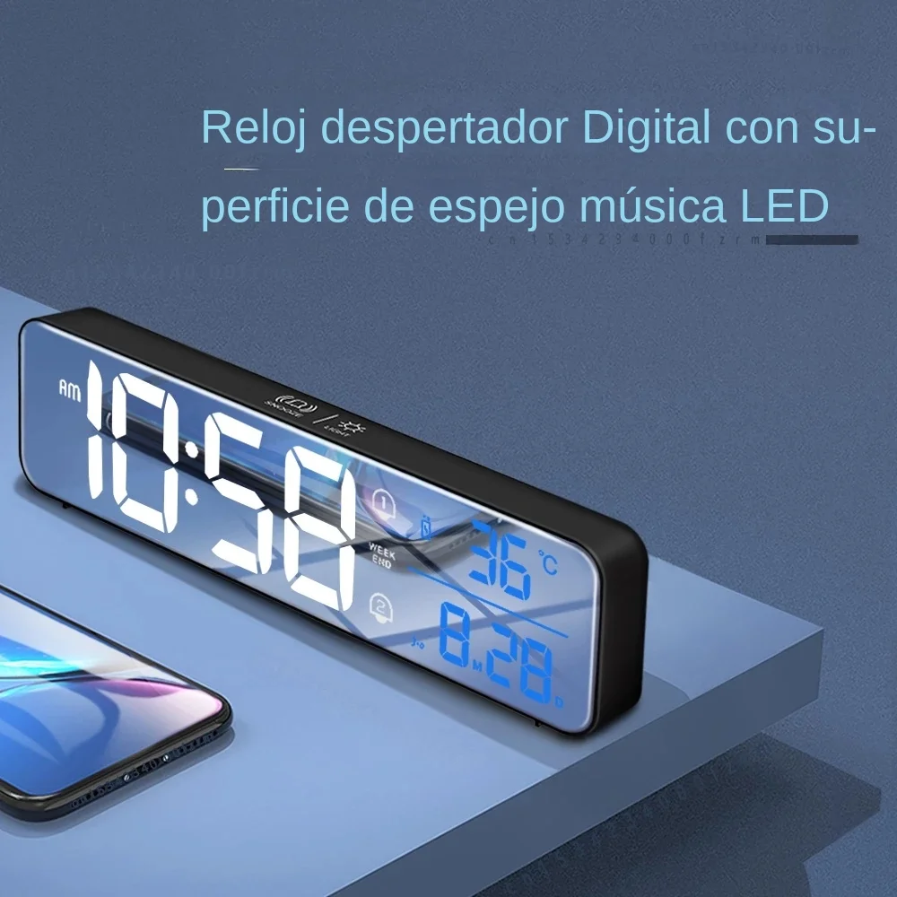 Reloj de alarma Digital LED musical para decoración del hogar, relojes de  espejo de escritorio con indicador de fecha de temperatura, Control de voz,  batería de 2400mAh - AliExpress