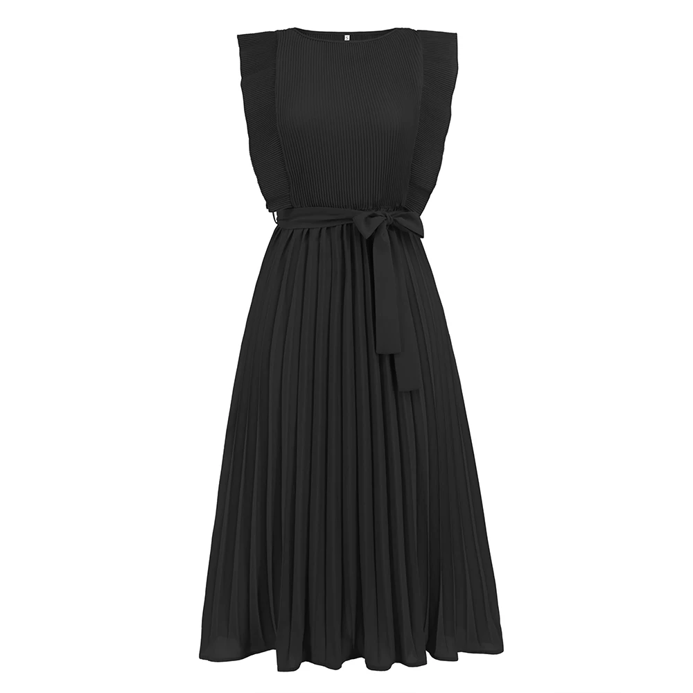 Solid Color Pleated Fashion Elegant Round Neck Ruffle Loose Midi Dress