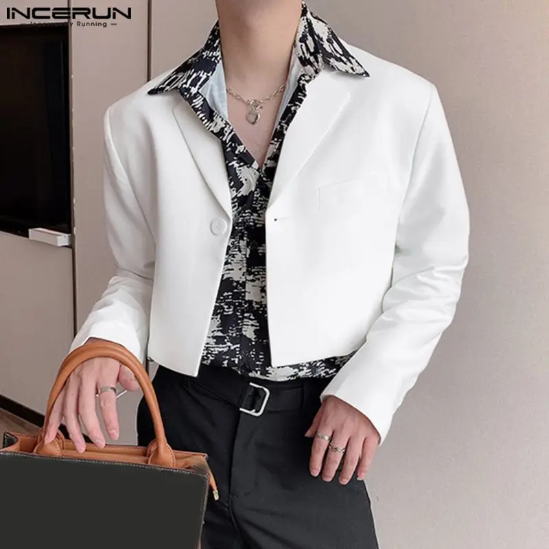 INCERUN Men Blazer Solid Color Lapel Long Sleeve Streetwear Casual Suits Autumn One Button 2023 Fashion Male Crop Coats S-5XL 2