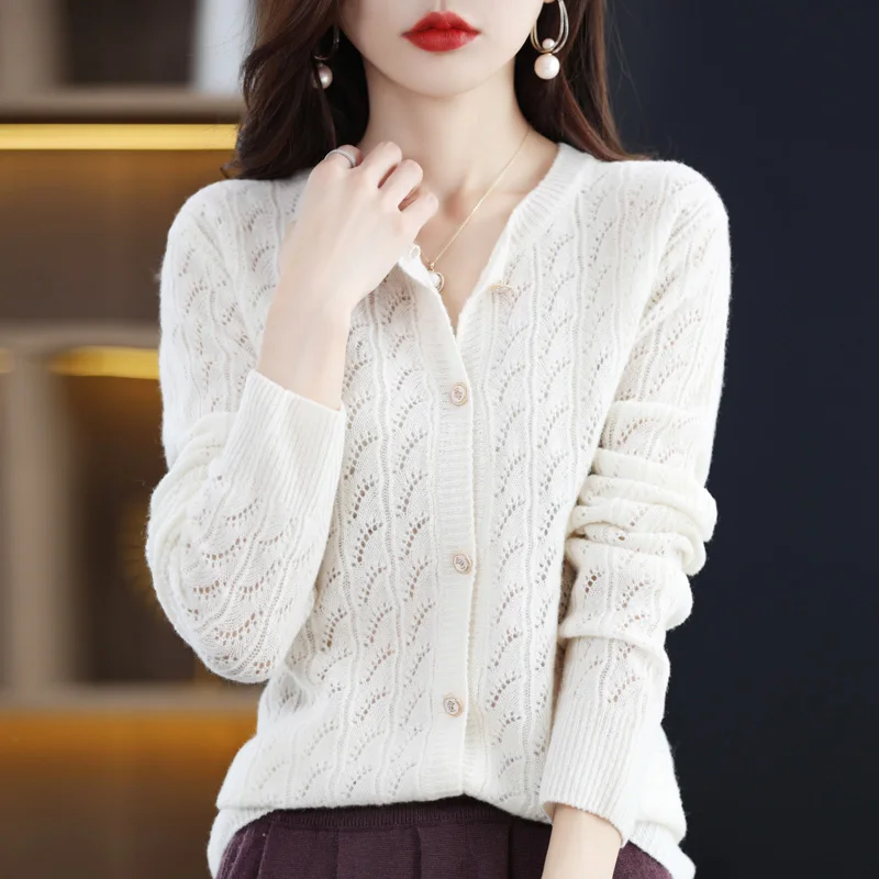 

100% Wool Women Crew Neck Hollow Out Cashmere Cardigan Sweater Casual Fashion Pure Color High Quality Warmth Jacket Female