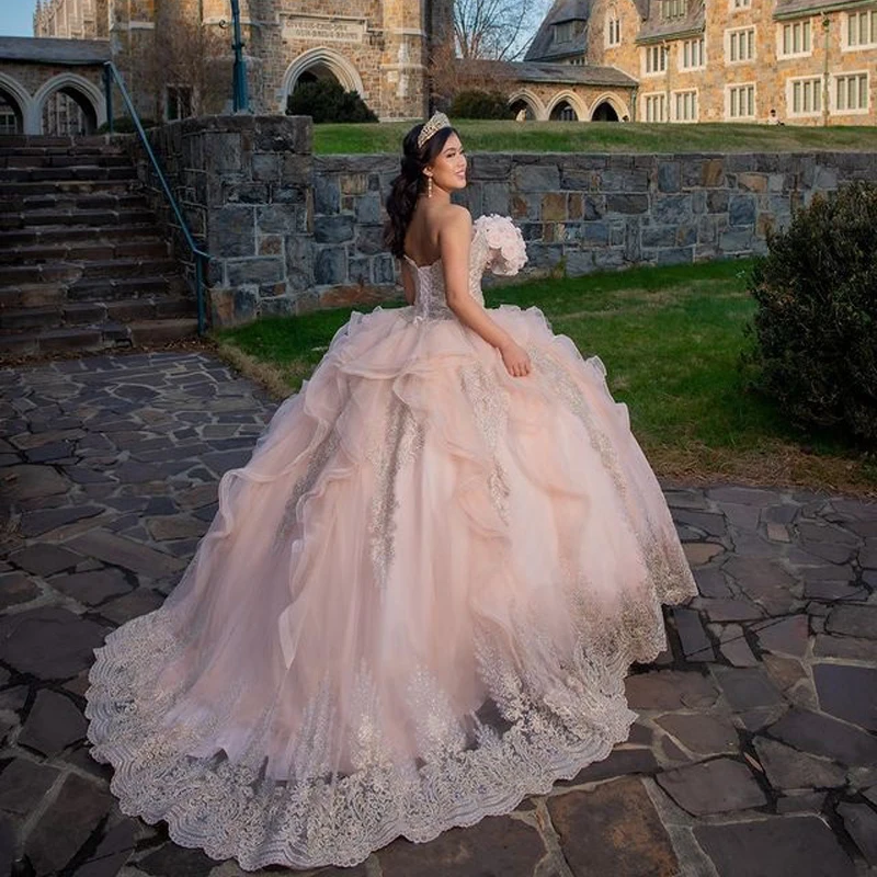 

Pink 15 Party Sexy Sweetheart Ball Gown Quinceanera Dresses Strapless Beading Appliqué Design Tulle Formal Cinderella Birthday