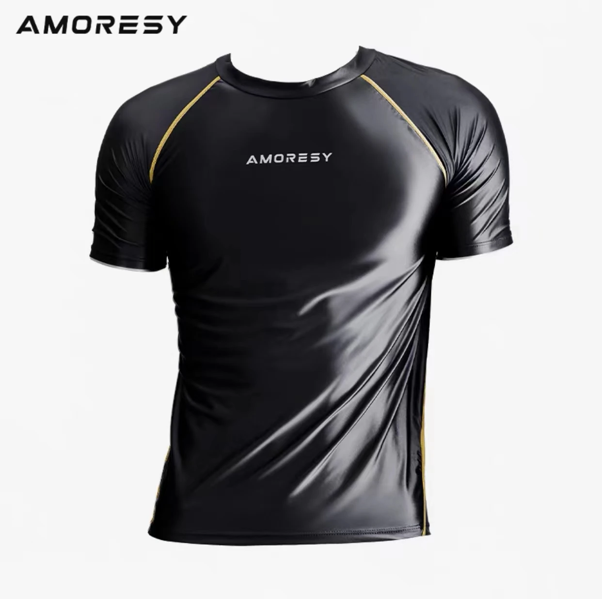 AMORESY Uranus series men's short-sleeved T-shirt stretch luster comfortable fitness shirt quick dry running compression clothes male swim rash guard football shirt men fitness pants