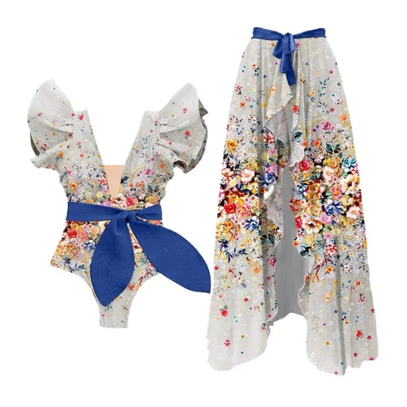 2024New Bow Print One-Piece Women's Swimwear Suit French Retro Cover Belly Slimming Swimsuit