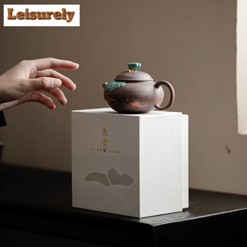 150ML Lotus Koi Fish Old Rock Mud Teapot Aesthetic Tea Infuser Pot Tea Maker Kettle With Filter Tea Services Supplies Craft Gift
