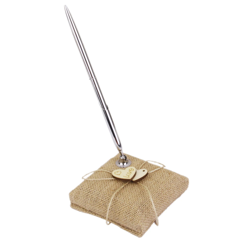 Vintage Burlap Pen Stand and Pen Set For Wedding Bridal Reception Wood Hearts Decor Party Event Favor Guests Kid Gifts guest book pen