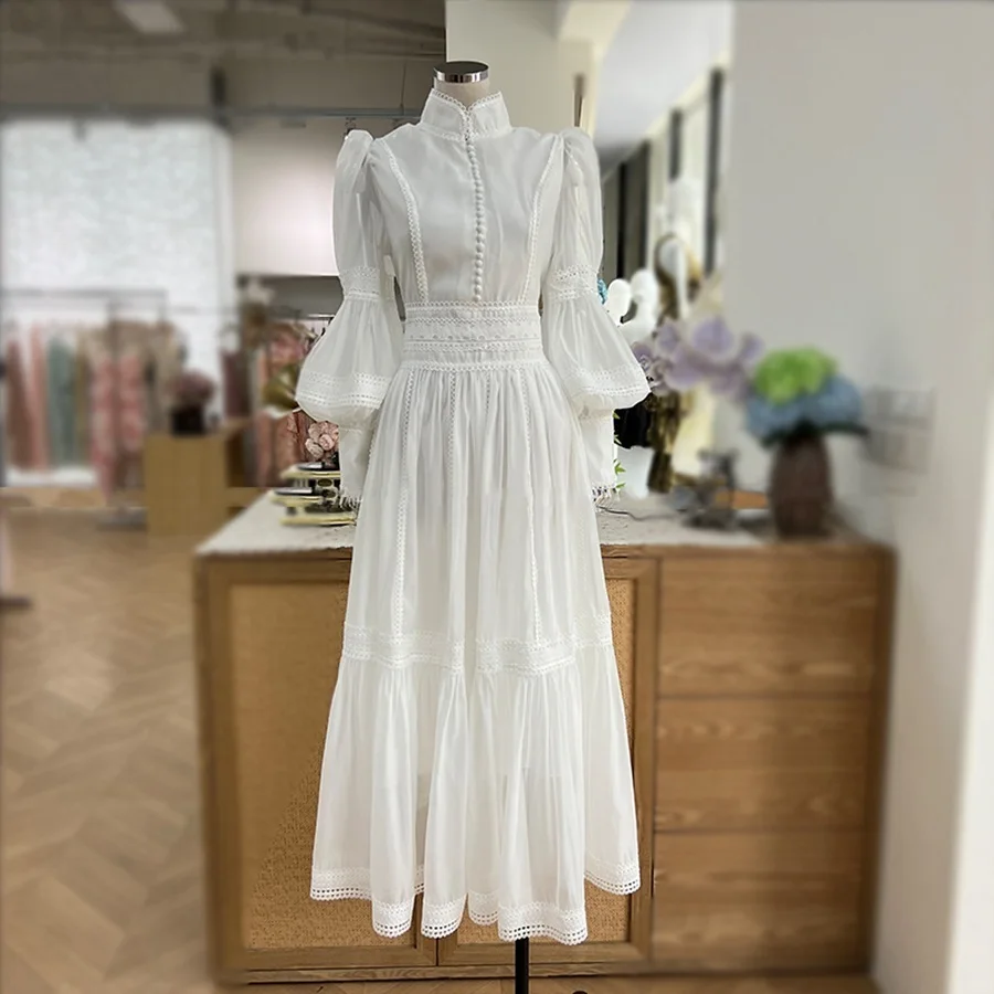Elegant Long Dress Fairy Style Stand Up Collar Lantern Sleeves Splicing Waist Fashion Dresses Women 2025 Spring Autumn 1351