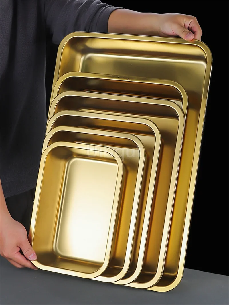 Gold golden 304 stainless steel plate Storage tray rectangular square oven basin baking pot dish deep bbq cafeteria soup bowl