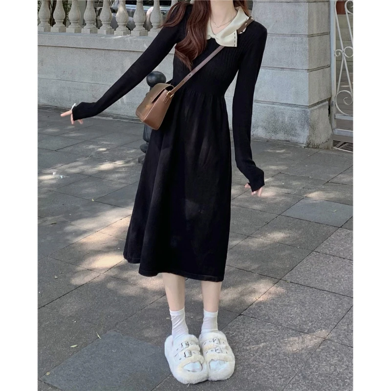 

Женское осеннее платье во французском стиле, винтажные Элегантные вязаные лоскутные платья-поло средней длины контрастных цветов с воротником-стойкой