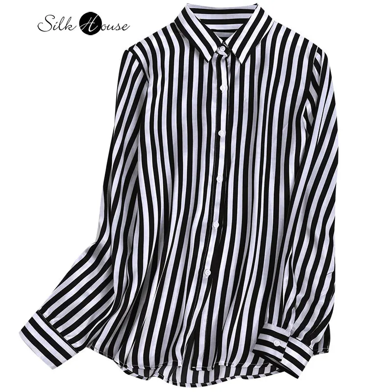 Spring 2023 New High-end Silk Concealed Placket Simple Black and White Striped Long-sleeved Women's Fashionable Commuter Shirt bearing concealed wood door closer invisible pivot hinge hidden floor spring hydraulic door closer