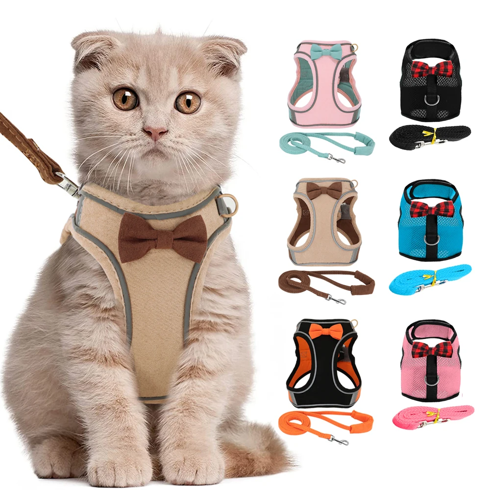 

Pet Dog Harness Leash Set For Small Dogs Cats Pug Adjustable Bow Tie Accessories Puppy Kitten Cat Vest Harnesses Mascotas Perro