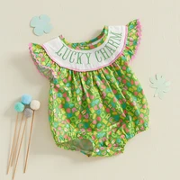 Newborn Infant Baby Girl Bubble Romper Lucky Charm Ruffle Sleeveless Cartoon Smocked Jumpsuit My First St Patricks Day Outfit 2