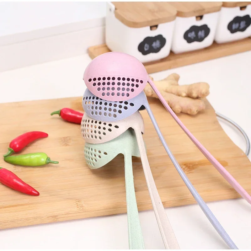 Serving Spoon 2 in 1 Soup Wheat Straw Long Handle Straining Ladle Pan with Filter Strainer Kitchen Utensils