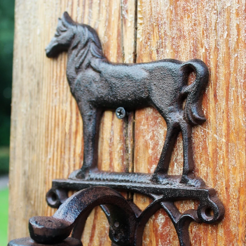 Standing Horse Cast Iron Hand Cranking Bell Farm House Accents Antique Rustic Home Garden Decor Wall Mounted Welcome Door Bell