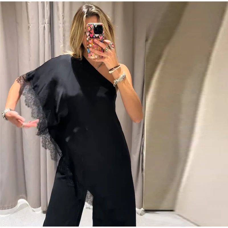 Solid Chic Loose Lace One Shoulder Top