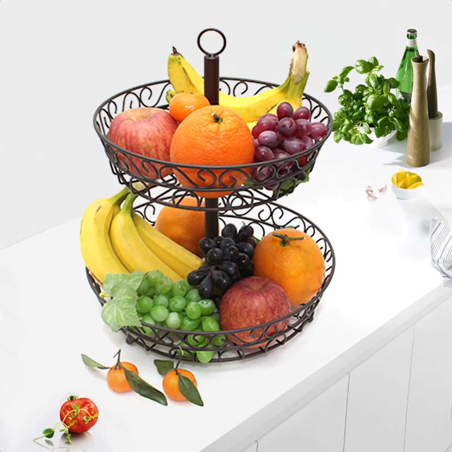 2 Tier Fruit Bowl Tray Countertop Holder Iron Stand Vegetable Snack Rack