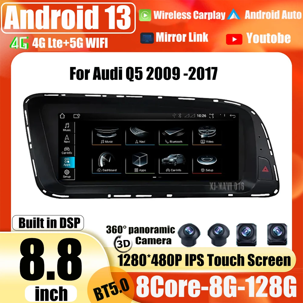 

For Audi Q5 2009 - 2017 8.8 Inch Android 13.0 DSP 4G Lte Carplay Auto IPS Screen Steering wheel GPS Navigation Stereo Video