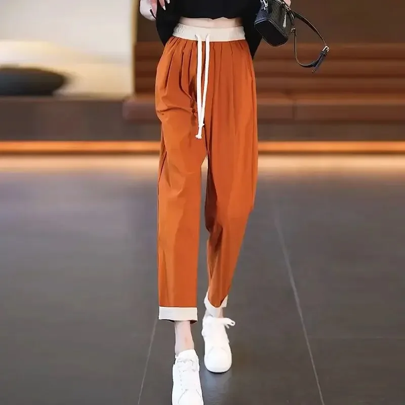 Summer 2023 New Ice Silk Trousers Casual Loose Drawstring Smoke Pipe Straight Tube Elasticity Waist Fashion Womens Pants