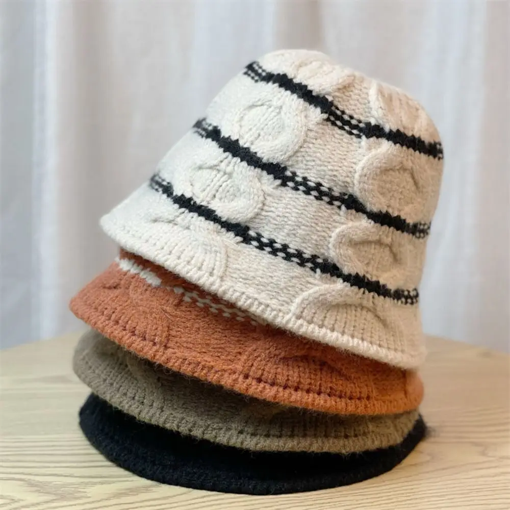 

Woolen Knitted Bucket Hat Korean Soft Striped Thick Cap Warm Thicken Round Top Turban Hat Women