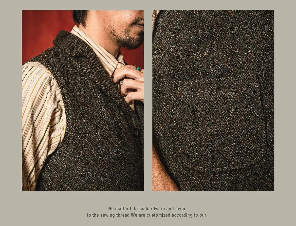 Vintage-Wollweste im amerikanischen Stil, schwere Tweed-Wolle, Fischgrätenmuster, Amekaji-Weste – Detail 5