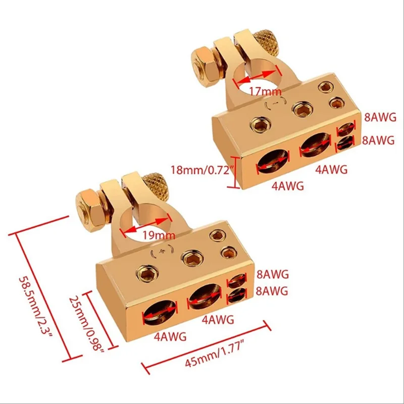 Auto Audio Post Clamp Kit Universal Gold-plated Terminal Connector Shims Set 2/4/8/10 AWG