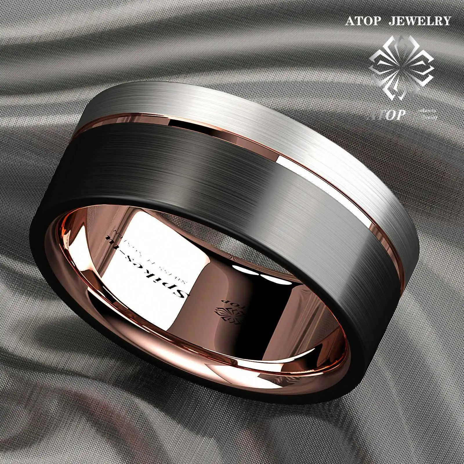 

ATOP Tungsten Carbide Men's Ring Brushed Rose Gold Black Wedding Band