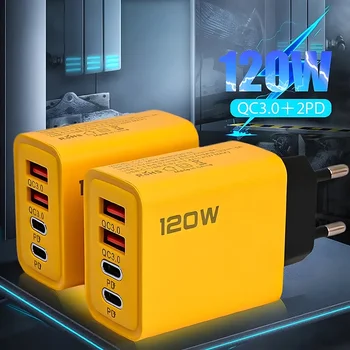 Caricatore Rapido 120W a 4 Porte USB 3.0 Tipo C, Adattatore da Parete con Spina EU/US, Caricatore Multi-porta per Telefono