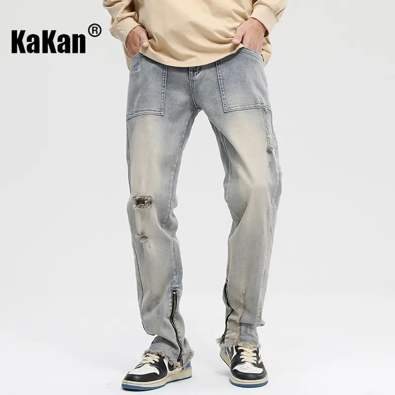 Kakan - New Raw Edge Zippered Trouser Hem Hole Straight Leg Jeans for Men, Mud Yellow Slim Fit Long Jeans K62-1954