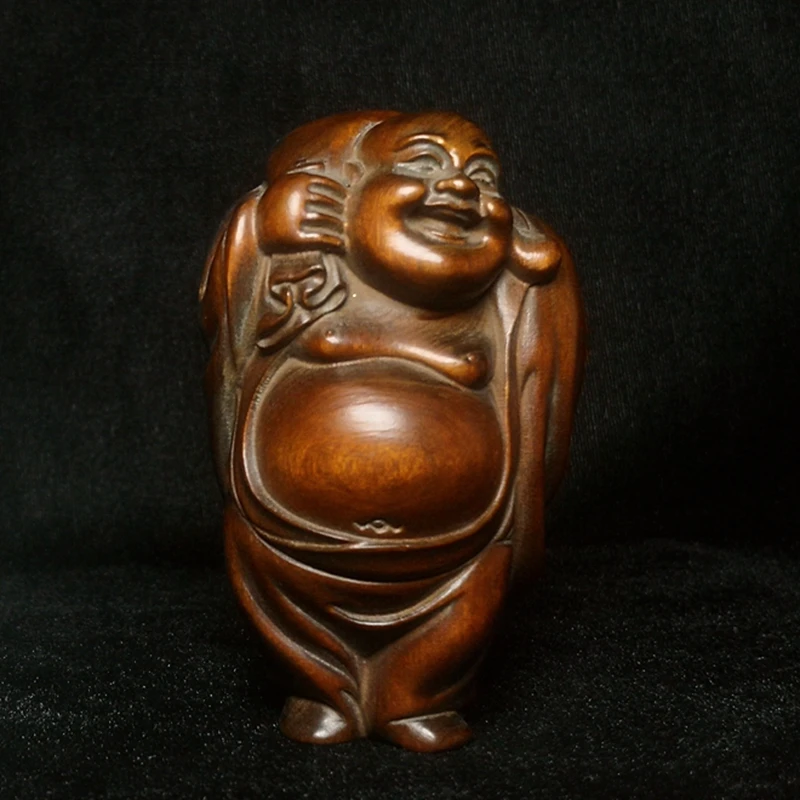 

YIZHU CULTUER ART Chinese boxwood hand carved Money bag Maitreya Buddha figurine statue desk decoration collectable Gift