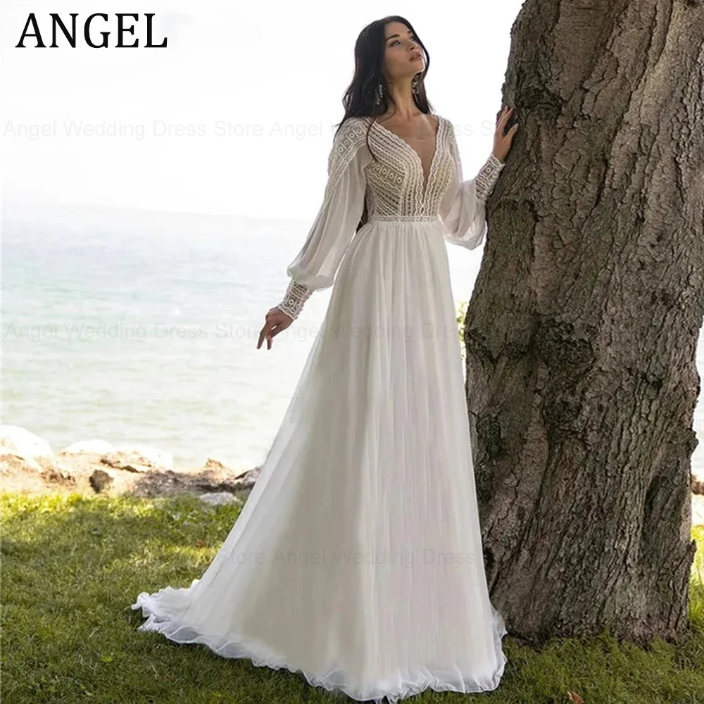 

ANGEL Boho A-line Wedding Dresses For Women Chiffon Puffy Sleeve vestido de novia 2024 Elegant Lace Bridal Dress Custom Made