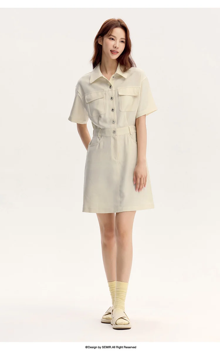 Dress Women Turn-Down Collar Stylish And Chic Summer New Simple And Sweet Waist-Cinching Short Skirt