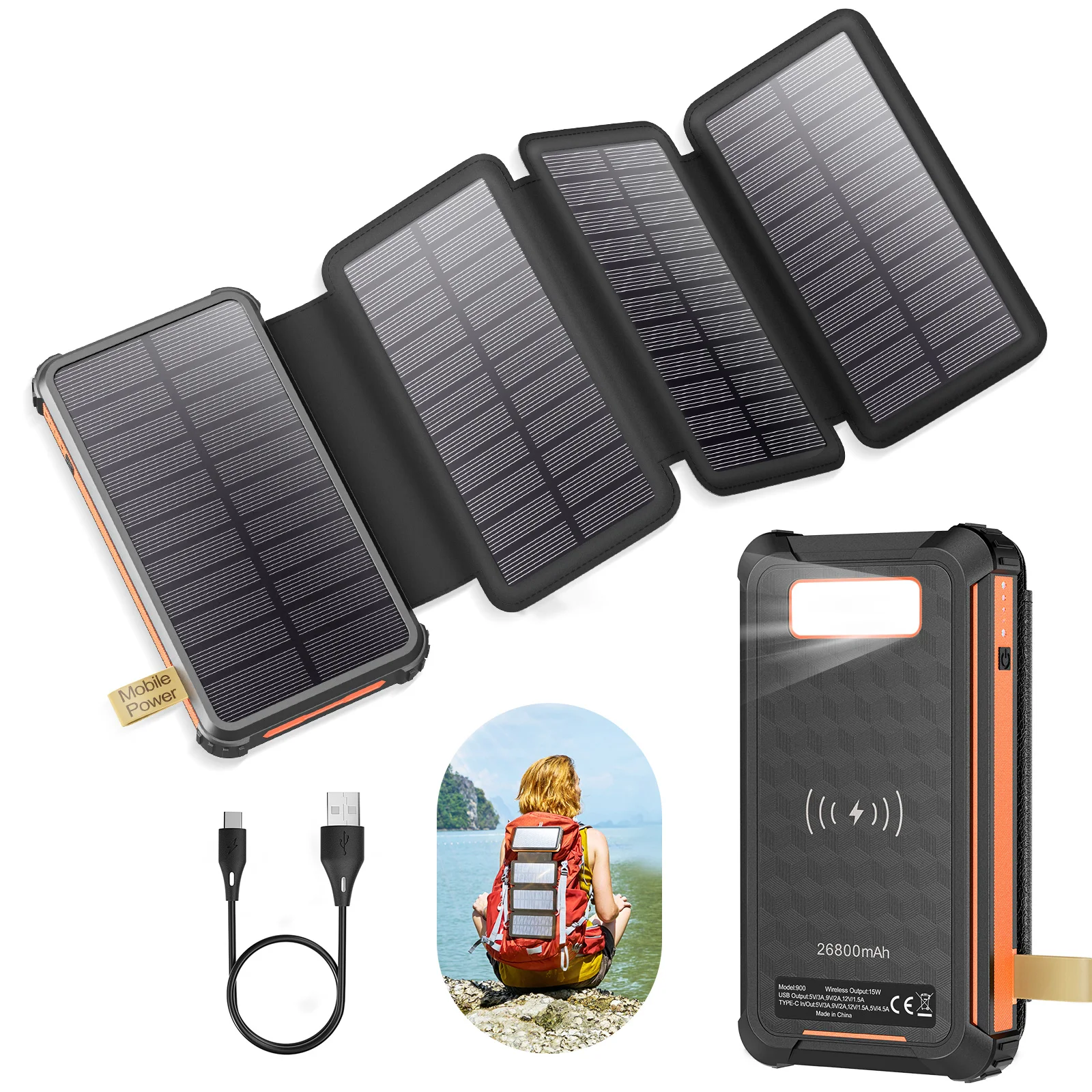 PD 22,5 W batterie solaire 26,800 mAh chargeur solaire rapide QC 3.0 avec 3 sorties, 4 panneaux pliables charge batterie externe, lumière