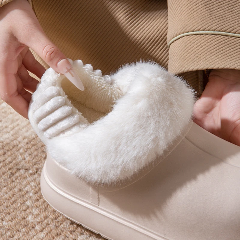 Fashion Chunky Platform Plush Slippers Women Outdoor Non Slip Waterproof Cotton Padded Shoes Woman Comfort Warm Fluffy Slippers