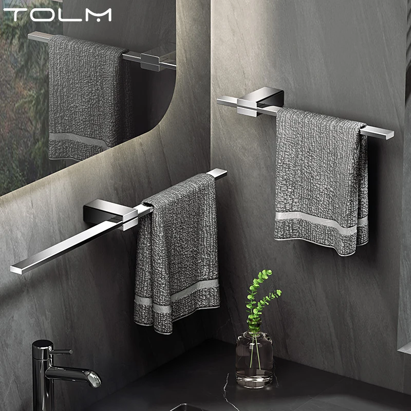 TOLM Black Toilet Hanging Non Perforated Towel Rack, Simple And Creative, Extendable Towel Pole, Stainless steel Rack
