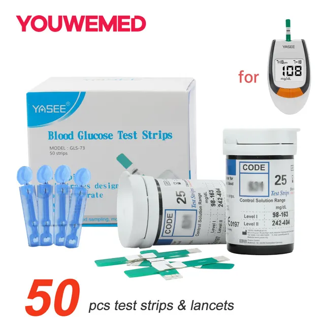 Yasse 50 pcs Blood Glucose Test Strips with Free 50 Lancets Kit Suitable for GLM-77 Blood Glucose Monitor