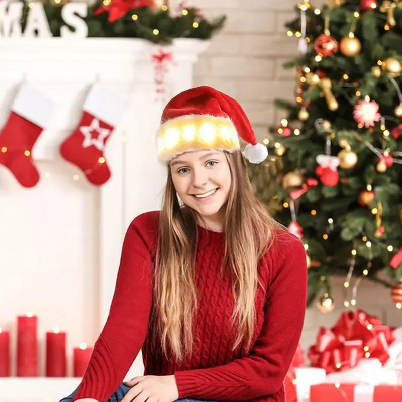 LED Christmas Hat Plush Santa Claus Hats With LED Lights Christmas Costume Accessories Plush Hat For New Year Party