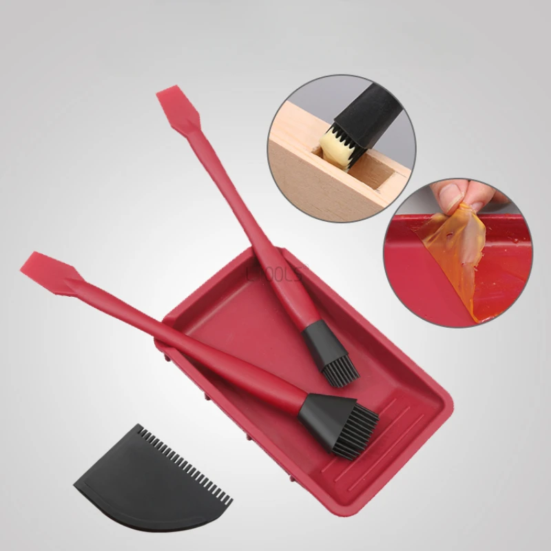 4PCS Soft Silicone Woodworking Glue Tools Kit Wide Brush Narrow Brush Thin Blade Shovel Flat Scraper Glue Tray Wood Gluing
