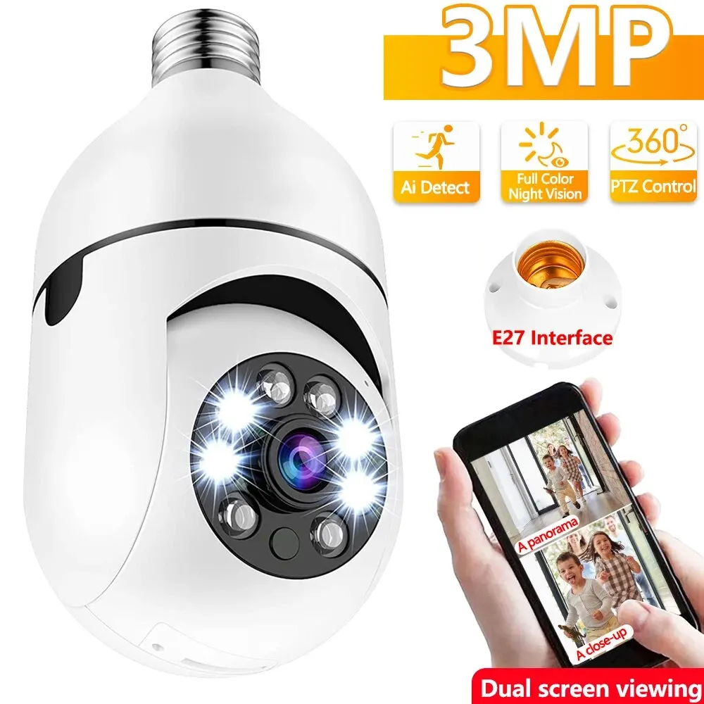 3Mp E27 Lampadina Telecamera Wifi Indoor Auto Tracking Videosorveglianza Full Color Night Home Security Motion Detection Cam Carecam Pro