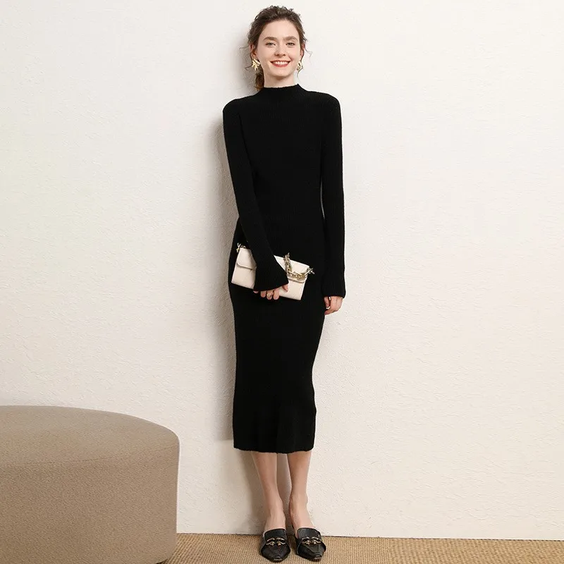 Birdtree 100%Merino Wool Elegant Dresses Women's Solid Fashion