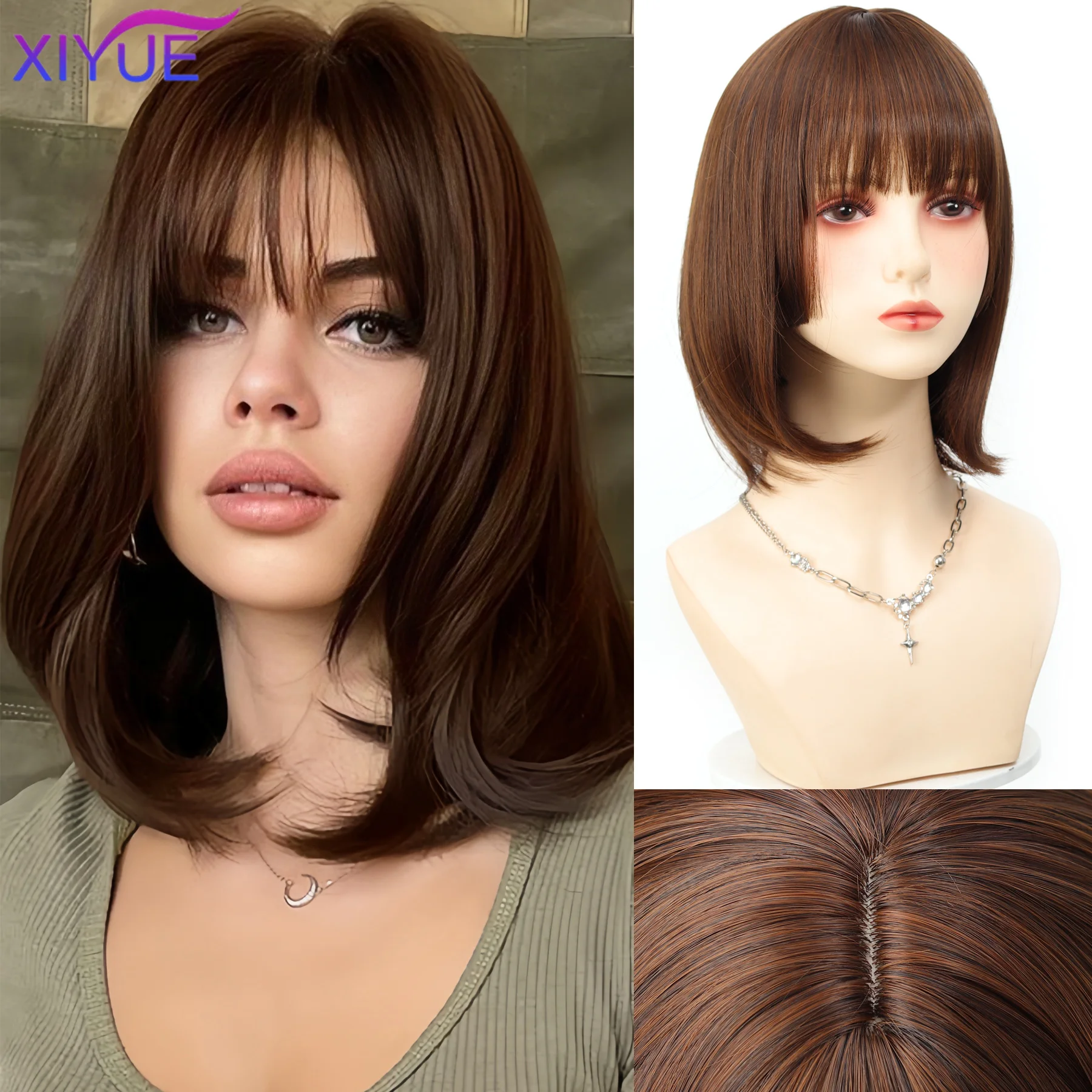 Short Black Brown Synthetic Natural Hair Wigs for Women Bob Straight Wig with Bangs High Temperature Daily Cosplay Party Wigs