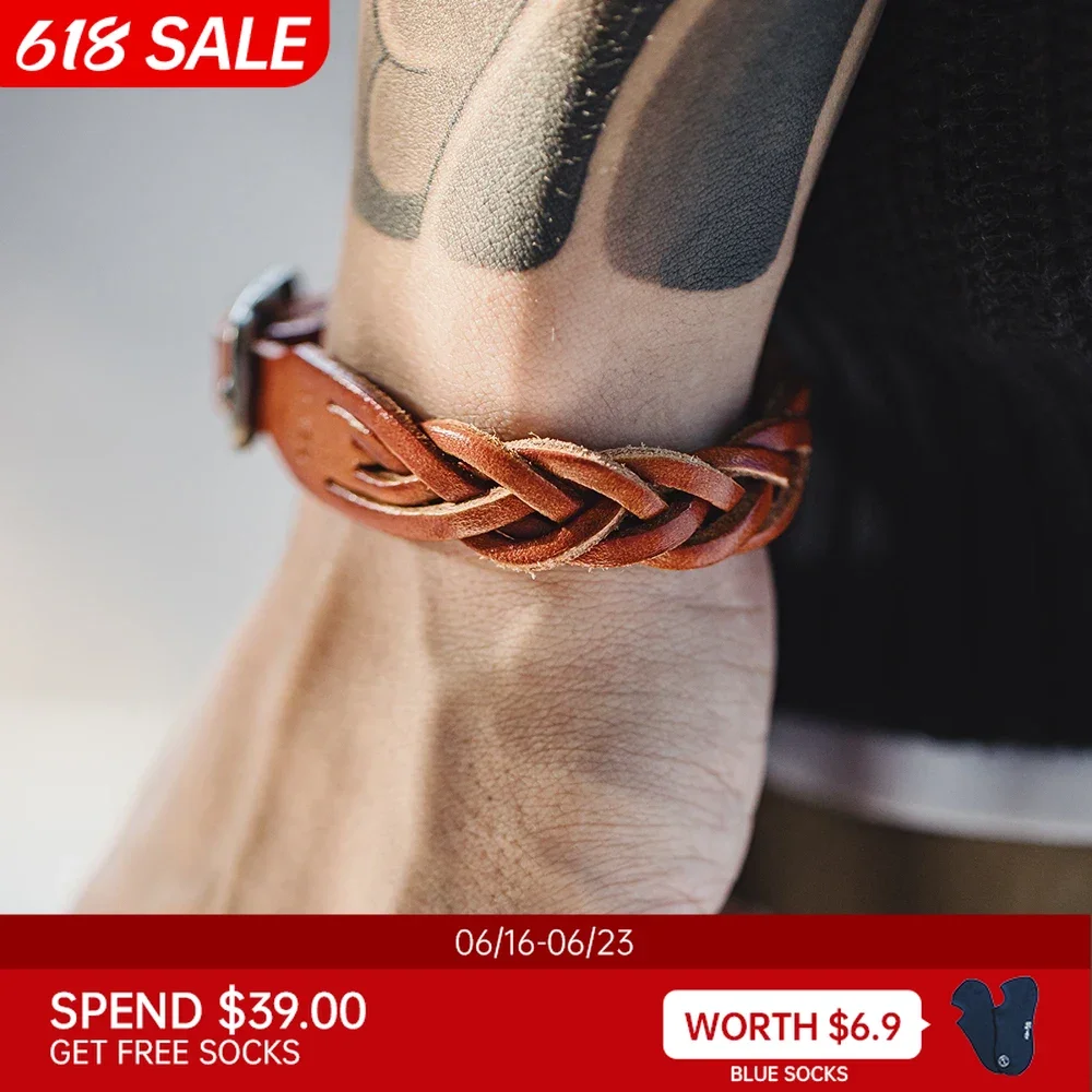 Maden Vintage Woven Vegetable Tanned First Layer Cowhide Bracelet Adjustable Bracelet Accessories for Men And Women OOTD