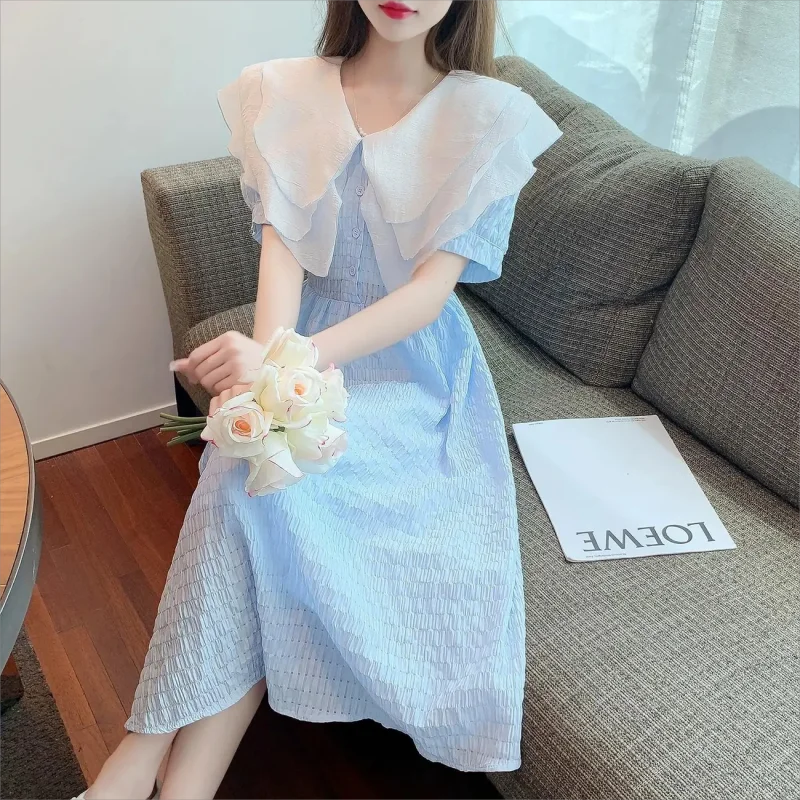 

2024 Summer Korean version of color contrast splicing doll collar dress new slim-fit high-waisted skirt