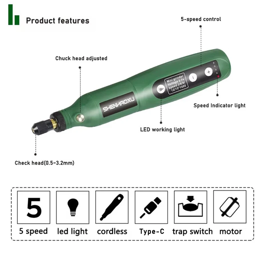 Cordless Grinder Electric Drill 5-Speed Adjustable Engraving Pen Cutting Polishing Drilling Rotary Tool With Dremel Accessories 3
