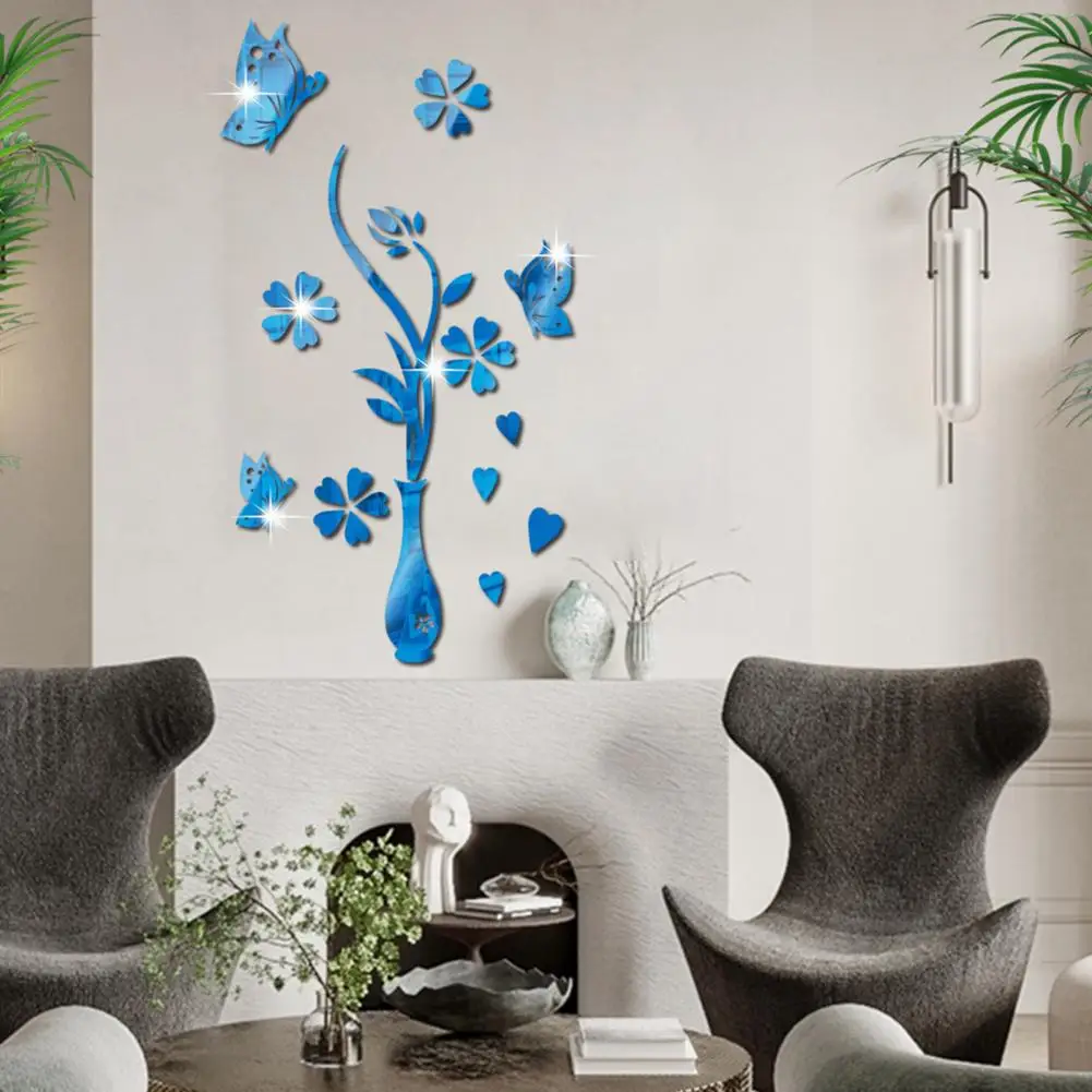 Elements Murals Home Decoration Mirror Surface Wall Sticker Charming Acrylic Vase Flower Butterfly