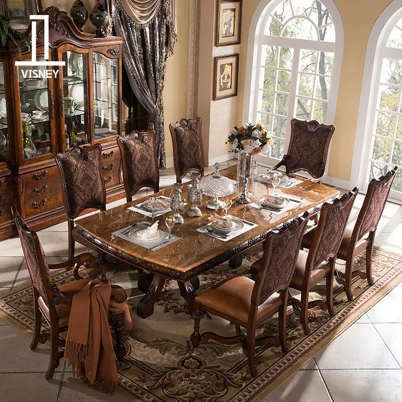 

Обеденный стол из массива дерева в европейском стиле, американский резной обеденный стол большого размера из мрамора и стул