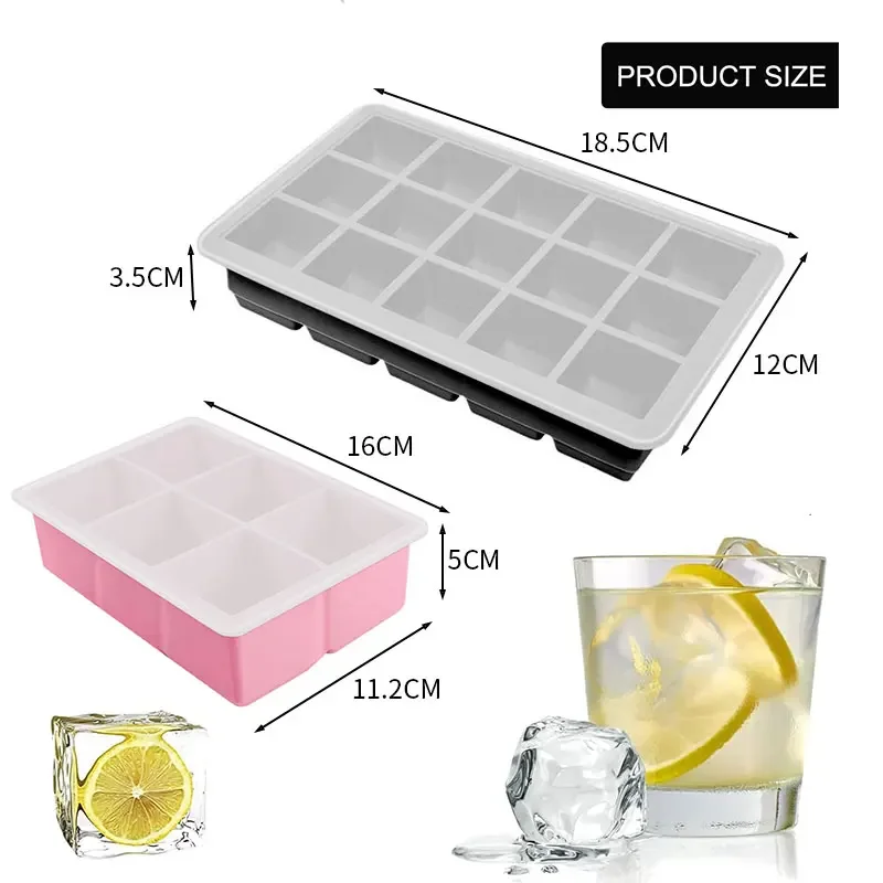 6/15 Grid Ice Cube Mold Big Square Flexible Silicone with Lid Stackable Freezer Container