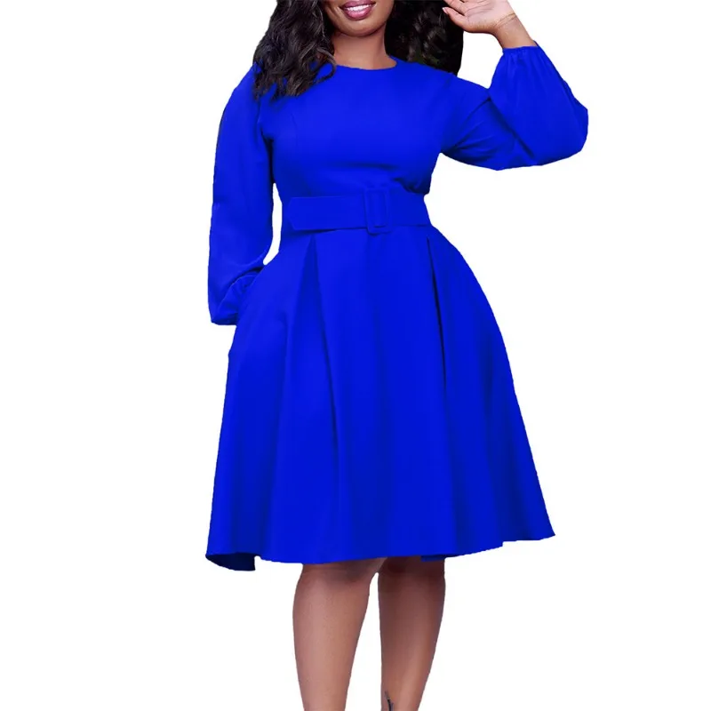 

With Belt Women's Dresses Summer Fashion Long Sleeve O Neck Hem Robe African New Party Elegant Chic Woman Evening Dress Vestidos