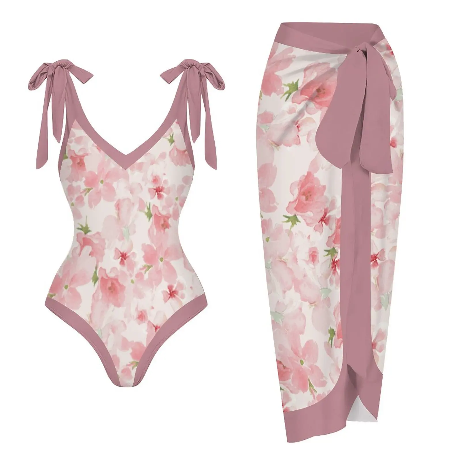 

Pink Flolar Print Lace-up Fashion 2 Piece Swimsuit Summer Swiming Suit Luxury Triangle Micro Bikinis Waist Swimwear Patchwork