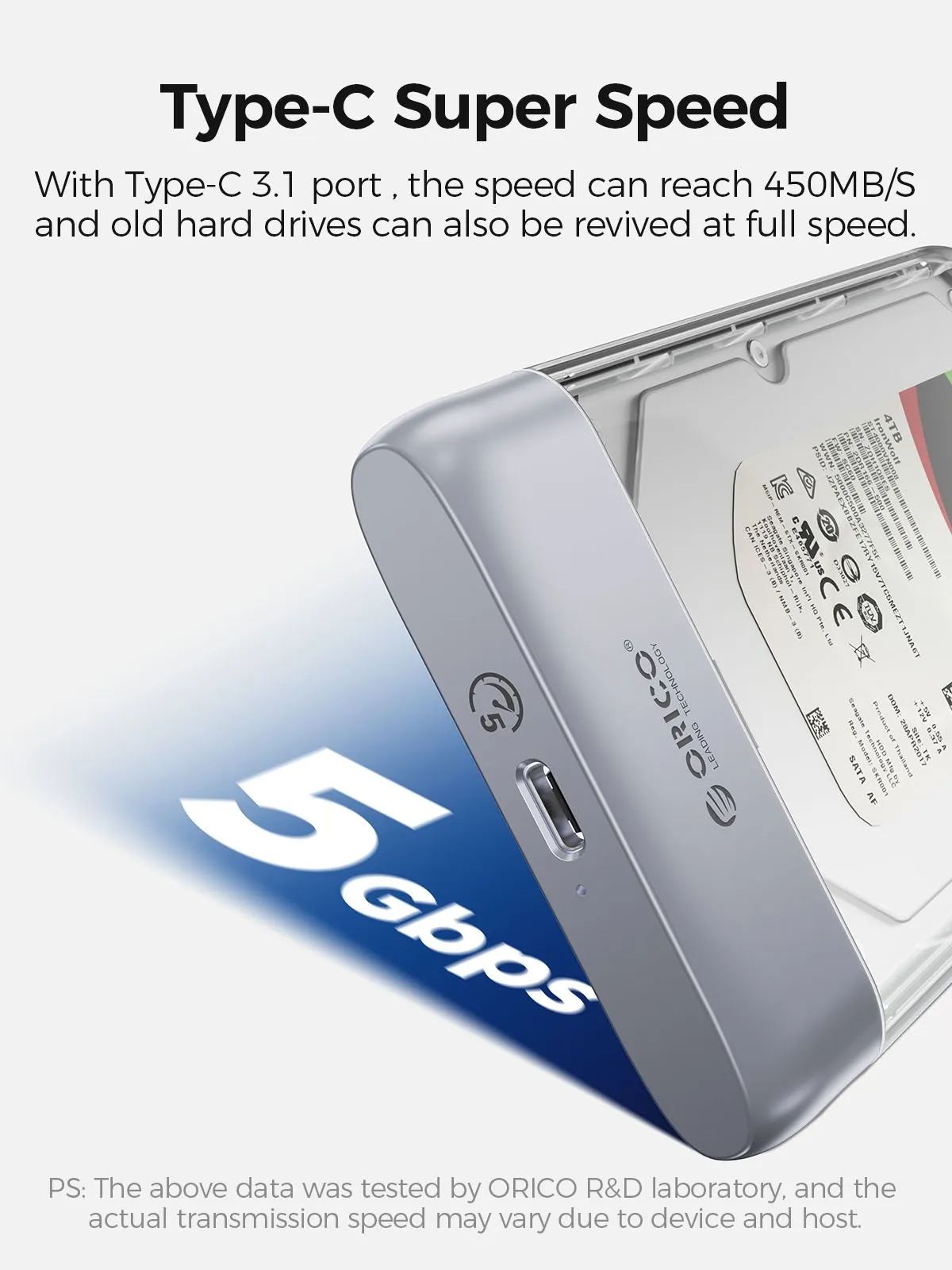ORICO 2.5 inch Transparent Type-C Hard Drive Enclosure USB3.0 5Gbps Metal HDD Case Support Auto Sleep for PC Laptop Notebook